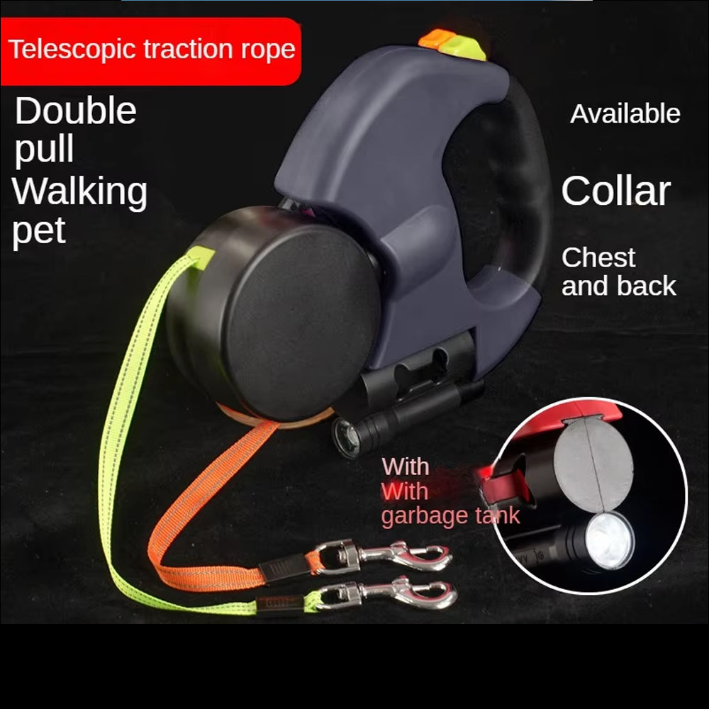 Double Retractable Dog Leash with Light – Portable Rotating Roulette Leash for Walking 2 Dogs