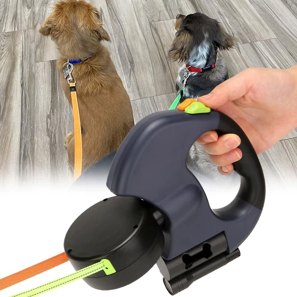 Double Retractable Dog Leash with Light – Portable Rotating Roulette Leash for Walking 2 Dogs