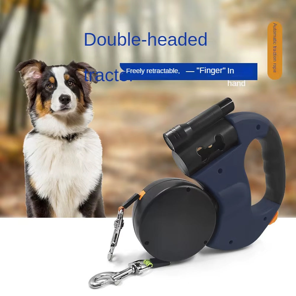 Double Retractable Dog Leash with Light – Portable Rotating Roulette Leash for Walking 2 Dogs