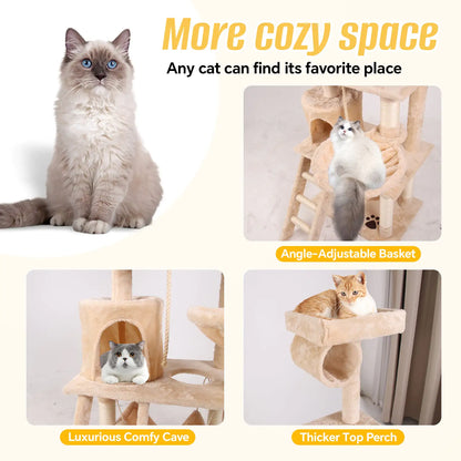 55-Inch Milky Cat Climbing Frame with Multi-Layer Design and Plush Comfort