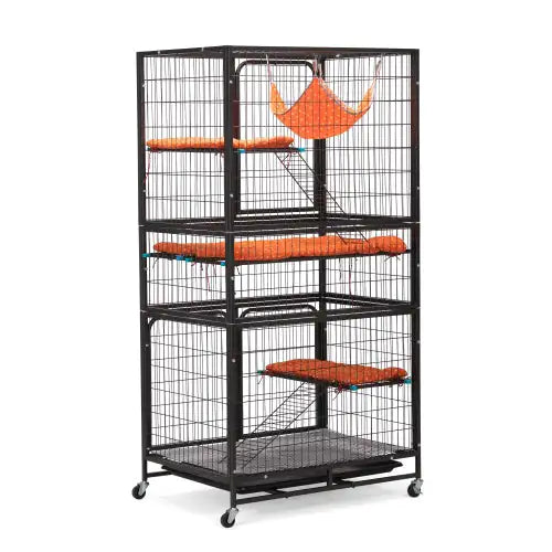 4-Tier Pet Cage with Ladder – Lockable Wheels and Removable Tray, Black & Orange