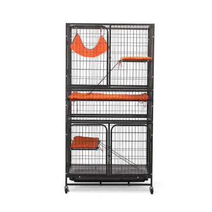 4-Tier Pet Cage with Ladder – Lockable Wheels and Removable Tray, Black & Orange