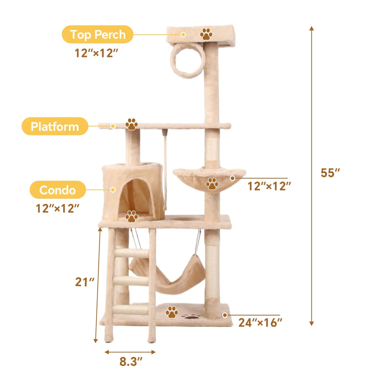 55-Inch Milky Cat Climbing Frame with Multi-Layer Design and Plush Comfort