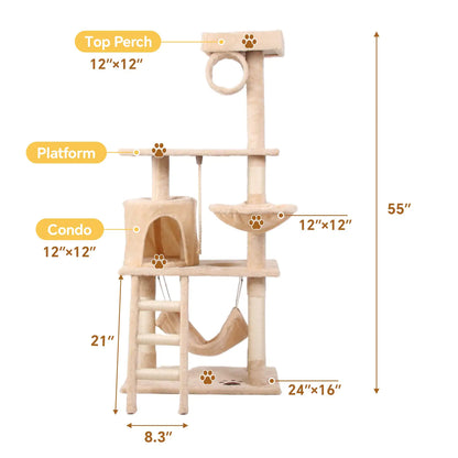 55-Inch Milky Cat Climbing Frame with Multi-Layer Design and Plush Comfort