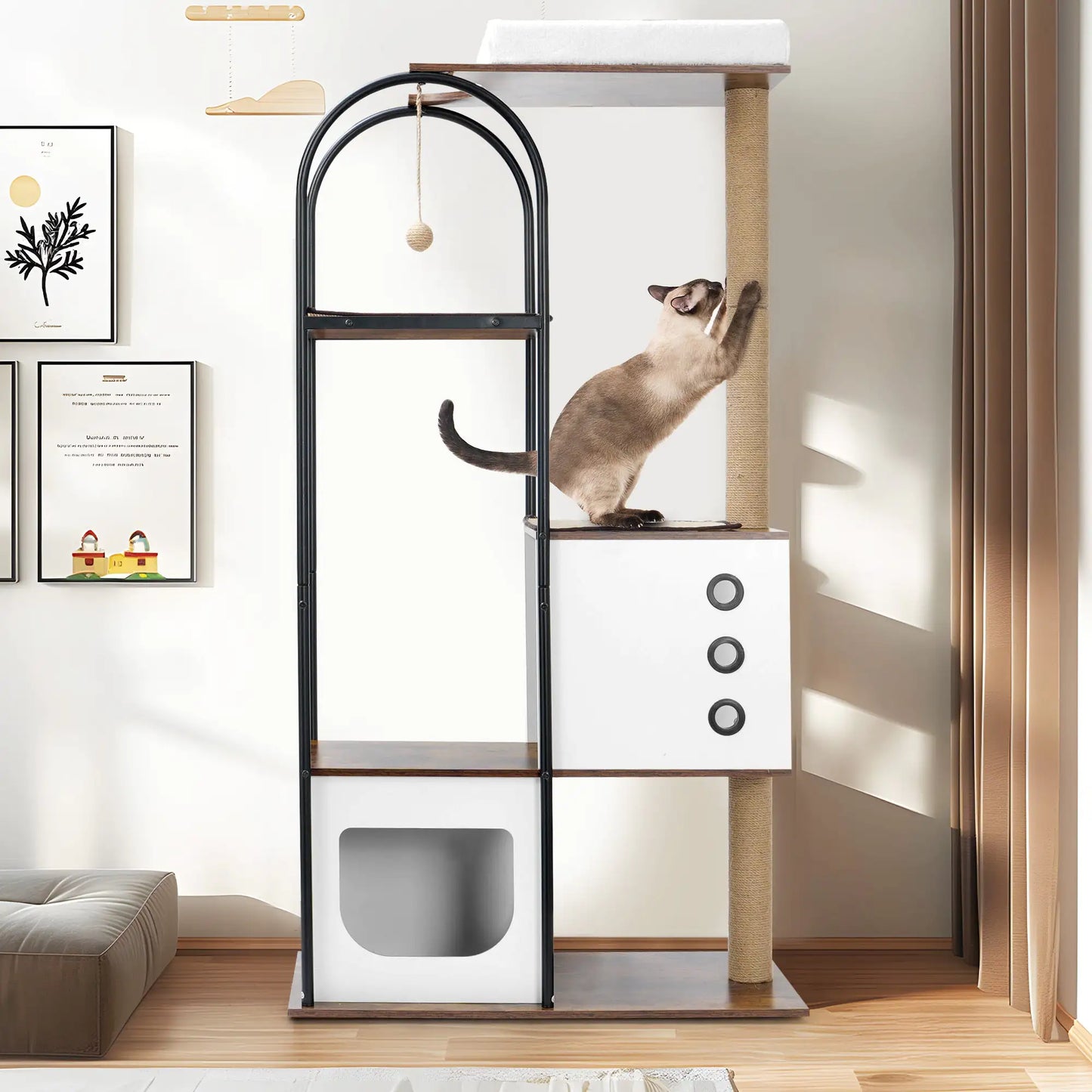 Cat Climbing Frame, Modern Multi-Storey Cat Tower with 1 Cave, 2 Scratching Columns, and Perch, White + Vintage