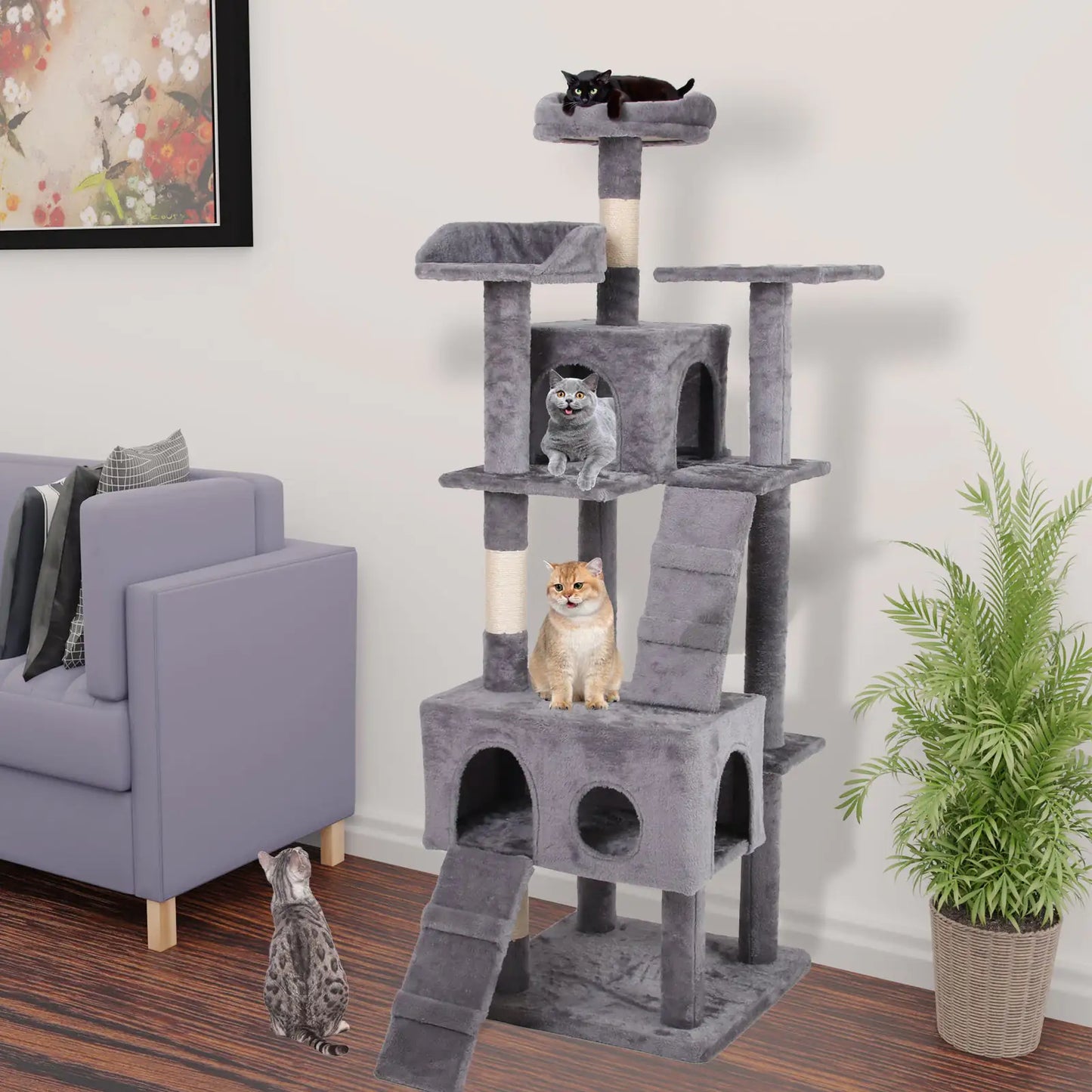 63-Inch Cat Climbing Frame with Multi-Layer Design and Soft Plush Cover